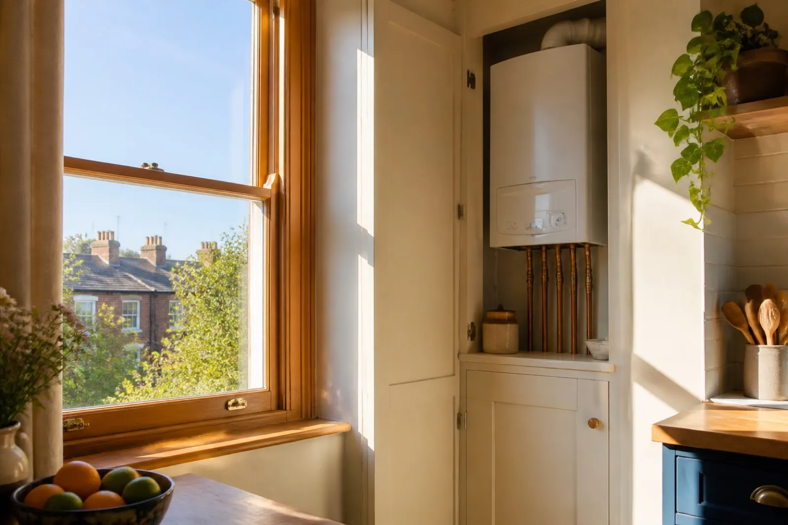 A boiler cupboard beside a sunlit sash window in an older house
