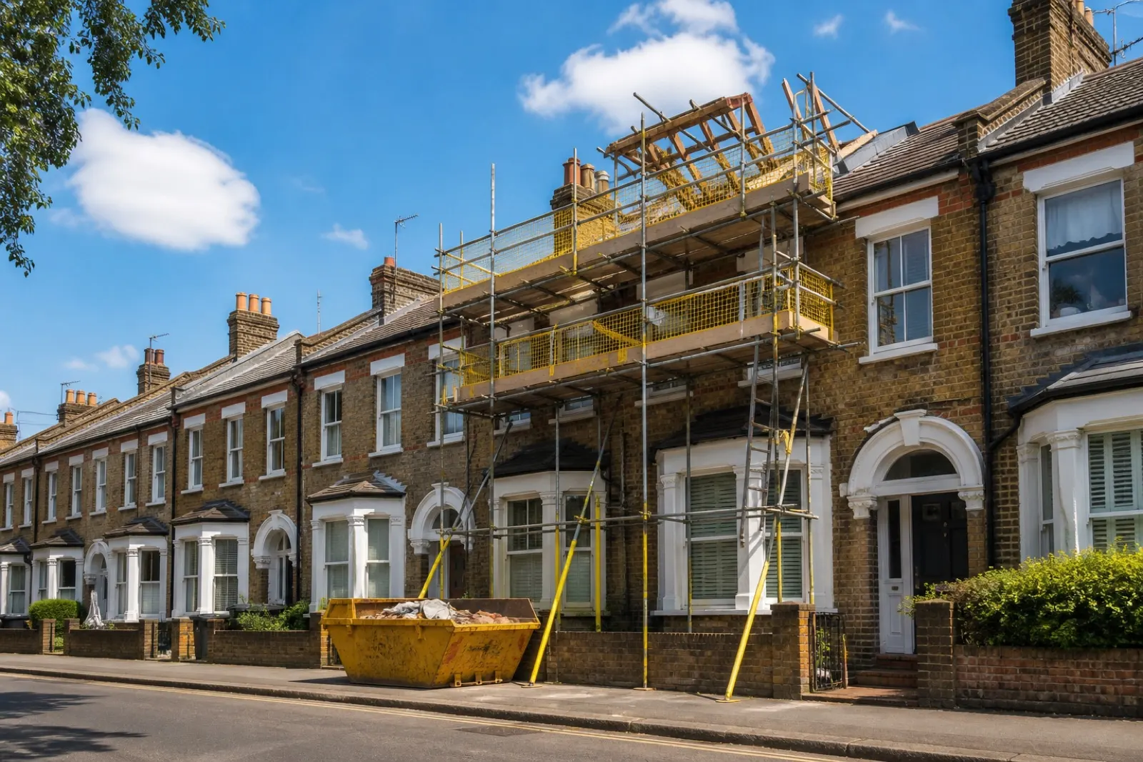 A yellow-brick terrace under scaffolding, roof opened, skip in the road