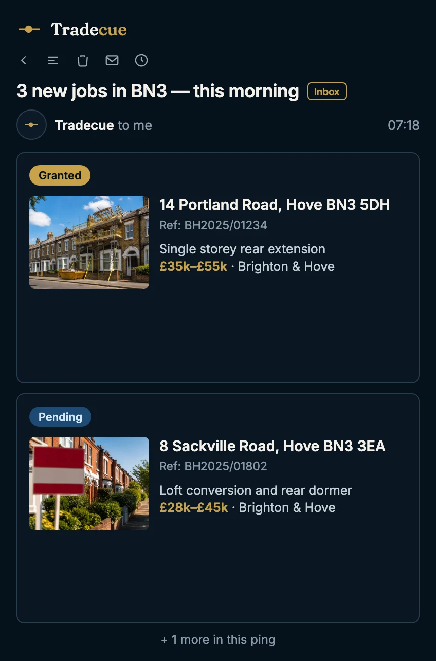 Tradecue alert listing two of three new jobs in a patch, with the address and what is proposed