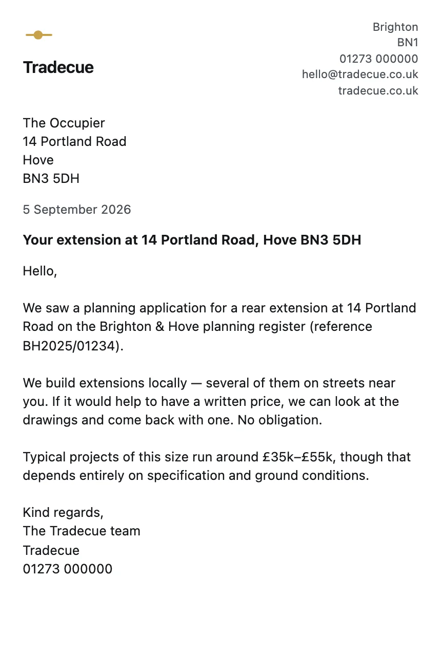 Tradecue letter on headed paper: the Extension template, addressed to the occupier