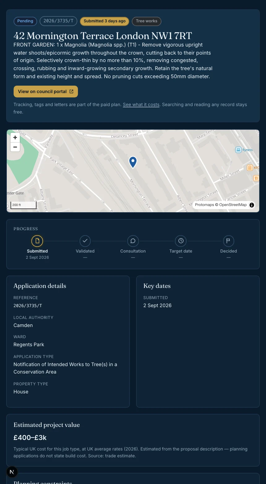 Tradecue job record: map of the site, progress, and the details the council published