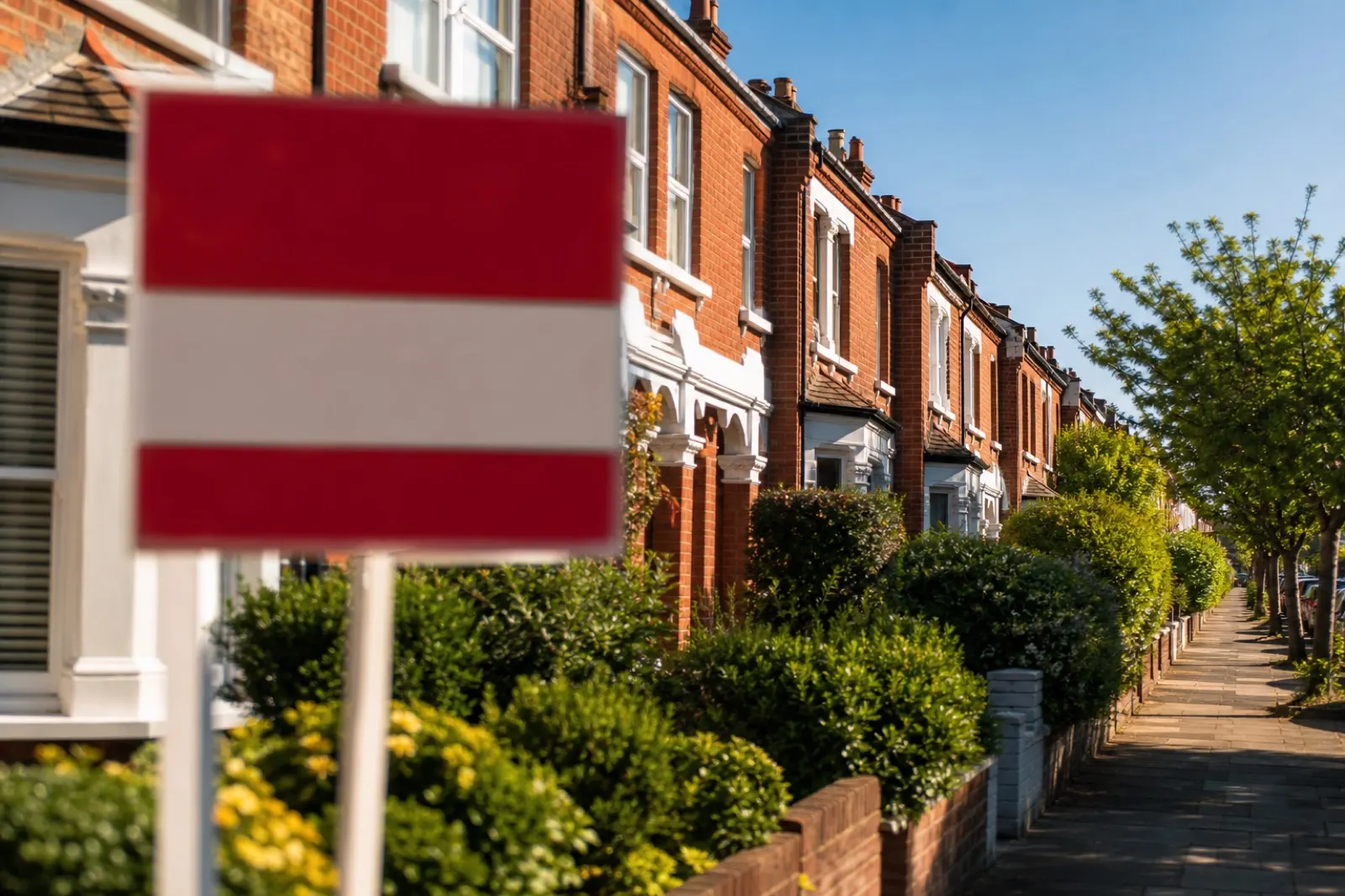 A red-brick terrace street, estate-agent board in the foreground